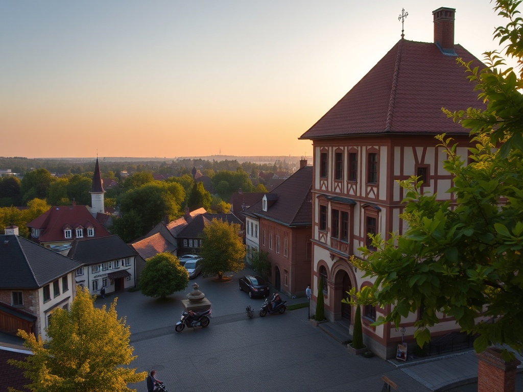 Widok na Rynek w Kutnie z zabytkowymi kamienicami i kościołem